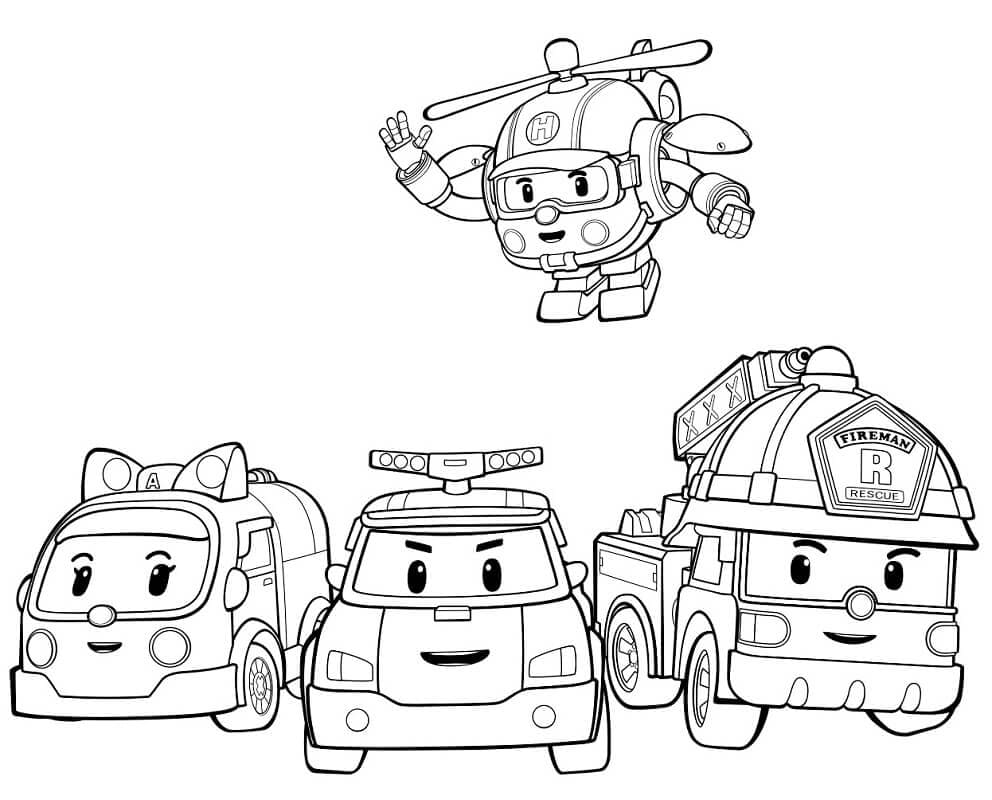 Characters from robocar poli coloring page