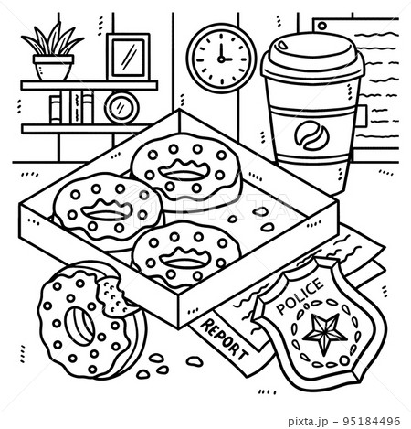 Police badge donuts coffee coloring page