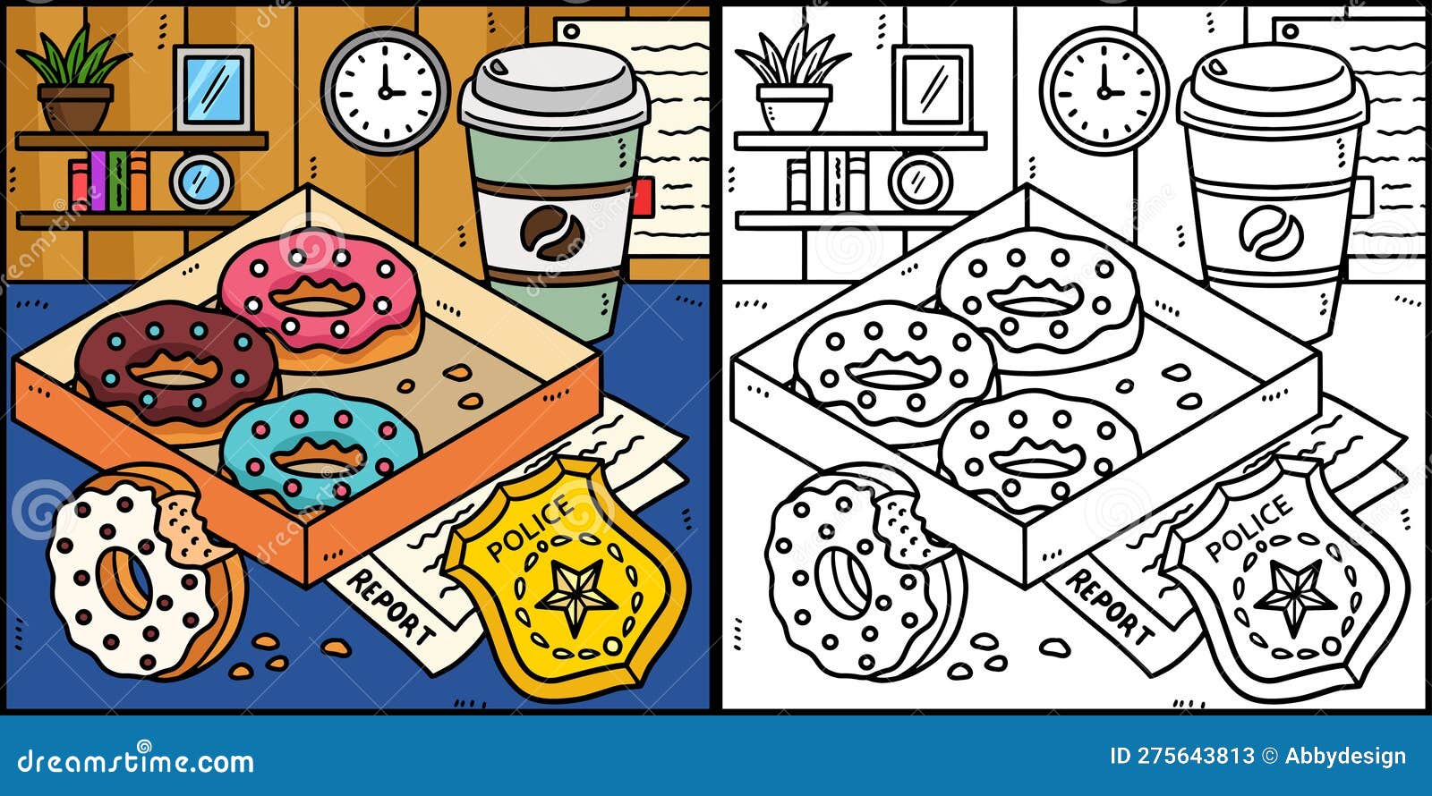 Police badge donuts coffee coloring illustration stock vector