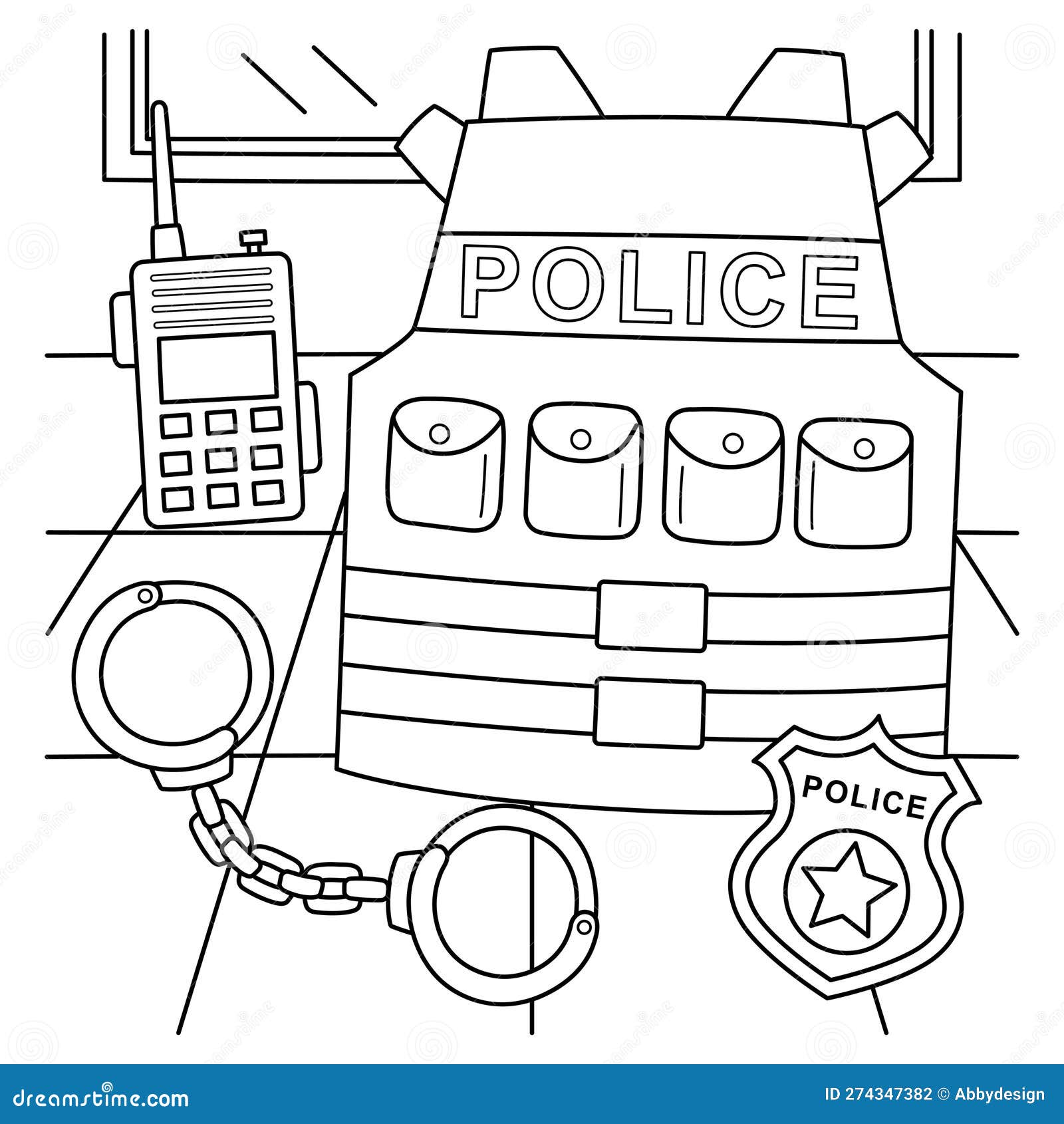 Police officer equipment coloring page for kids stock vector