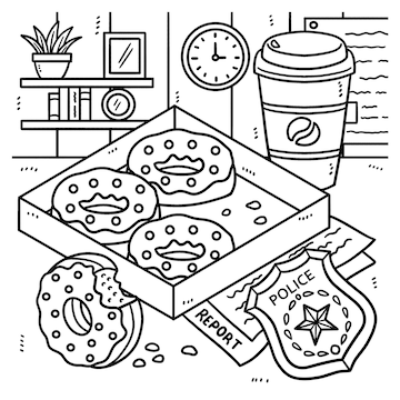 Premium vector police badge donuts coffee coloring page