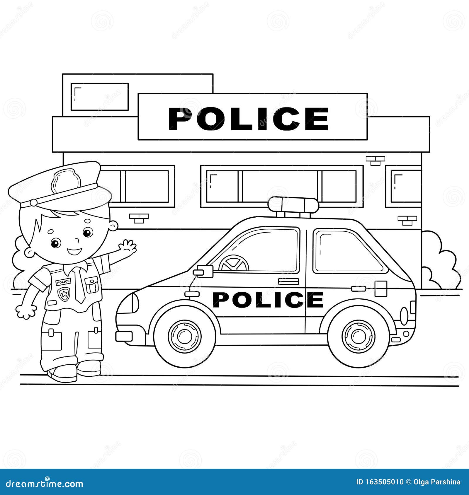 Coloring page outline of cartoon policeman with car profession
