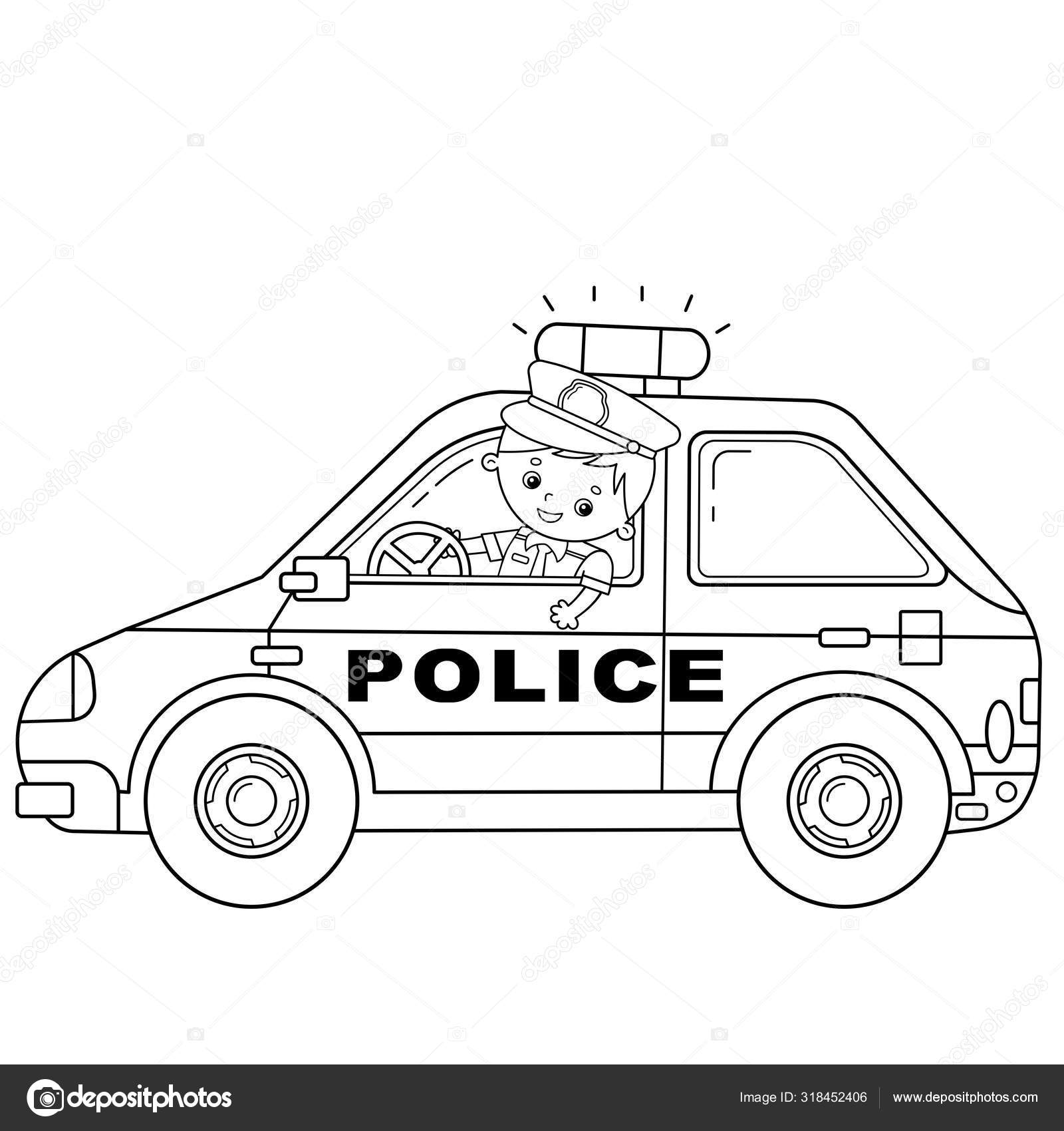 Coloring page outline of cartoon policeman with car profession