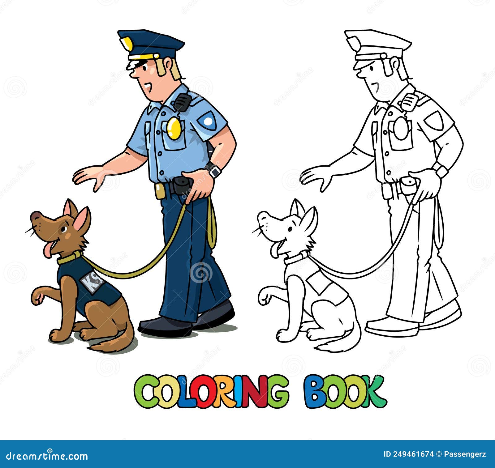Policeman with the police dog coloring book stock vector