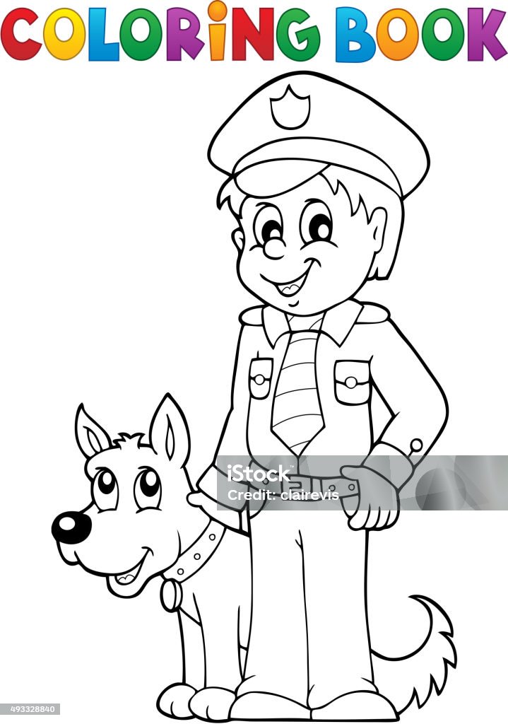 Coloring book policeman with guard dog stock illustration