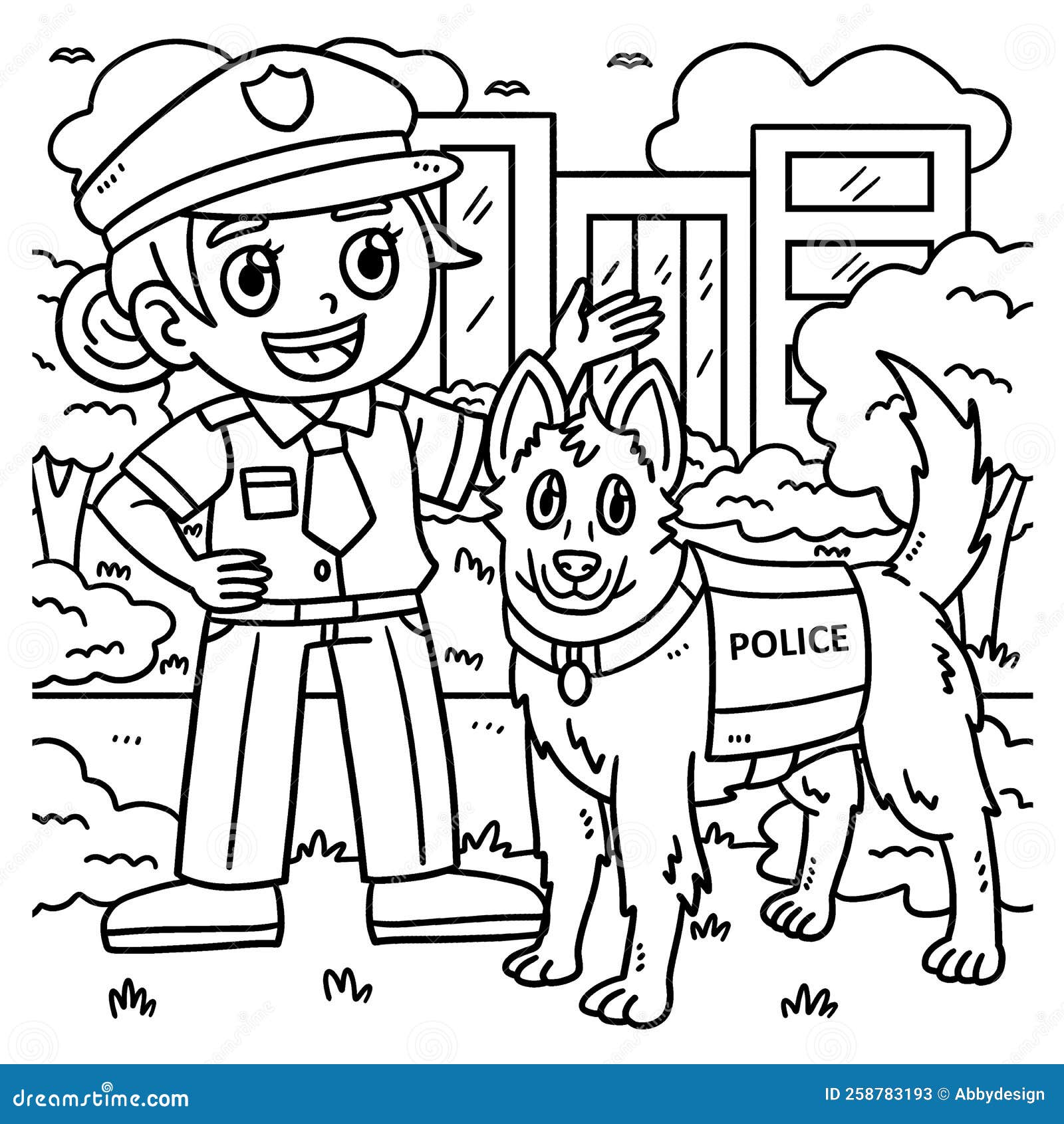 Police officer and police dog coloring page stock vector