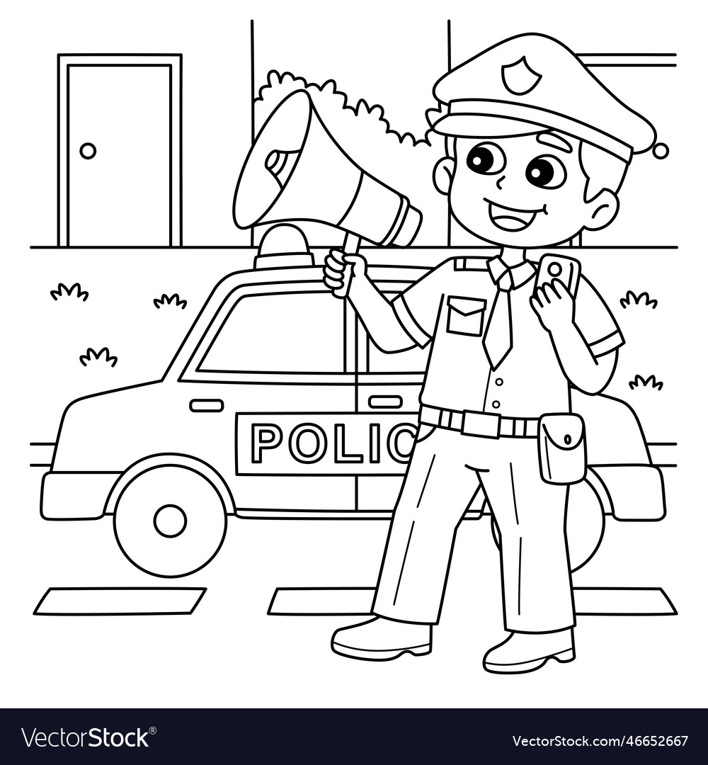 Police man with a megaphone coloring page for kids