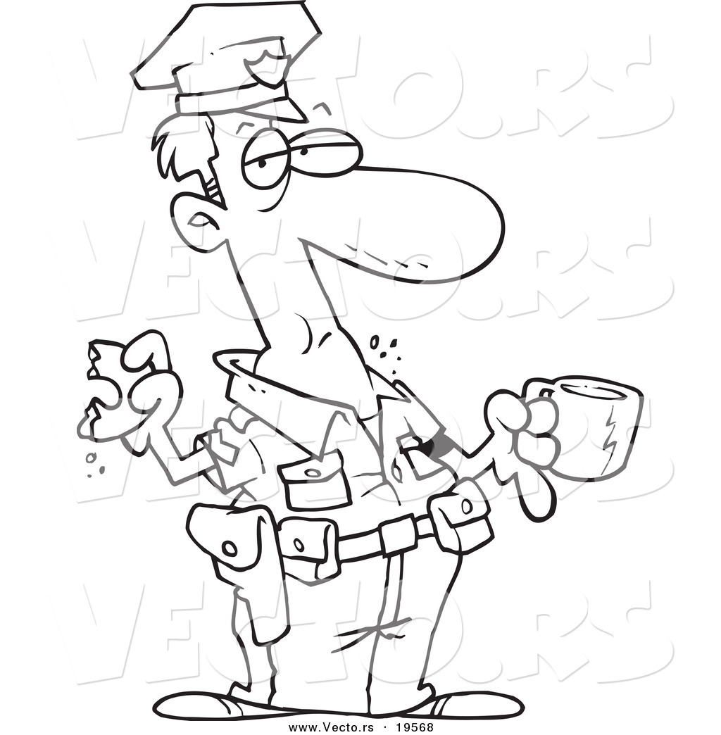 R of a cartoon police man eating a donut