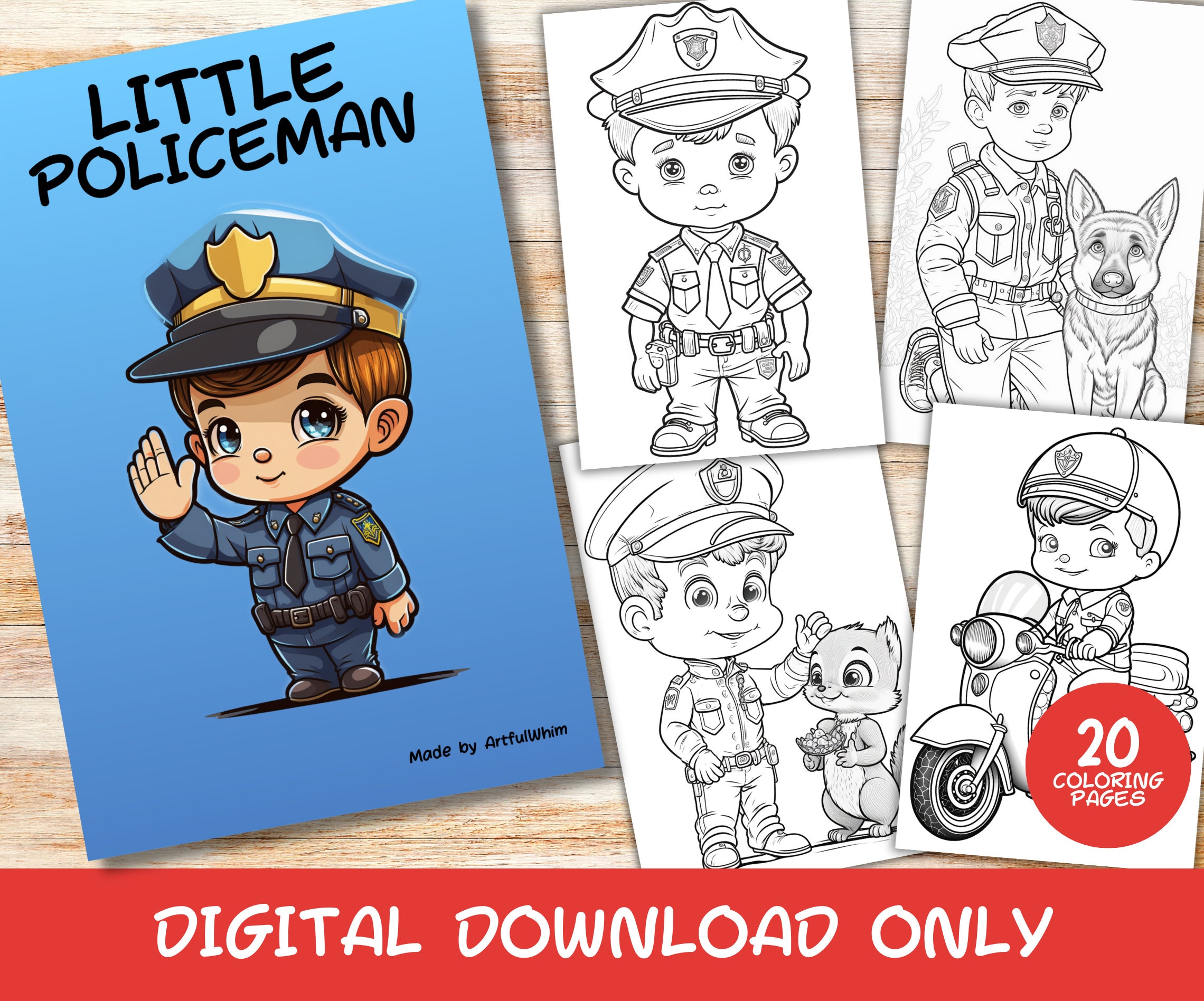 Little policeman coloring pages book kids instant download grayscale coloring page printable pdf policeman police childrens