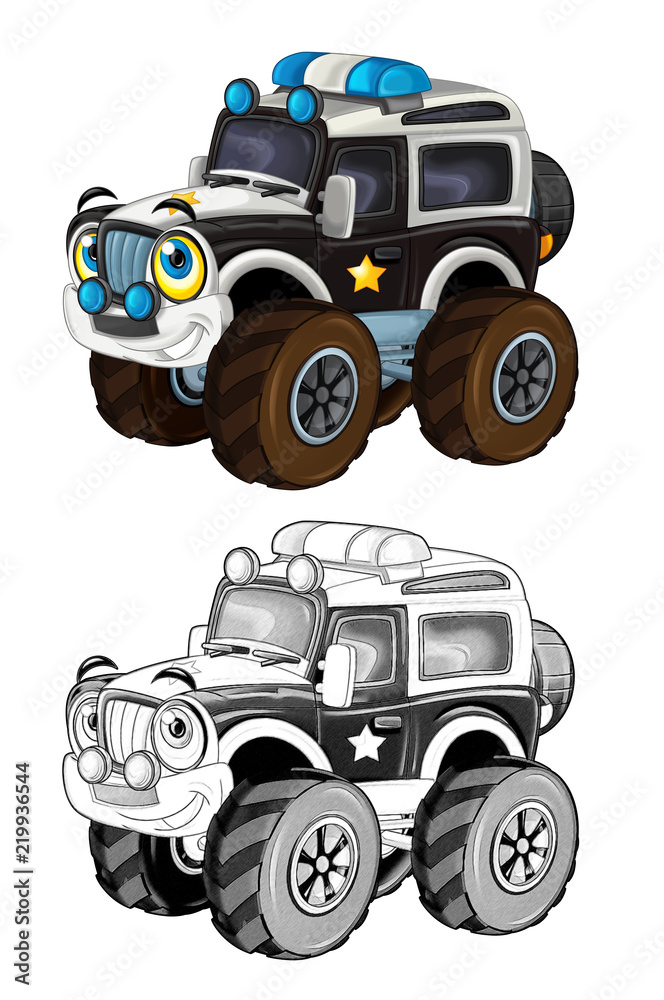 Cartoon happy and funny off road police car looking like monster truck smiling vehicle