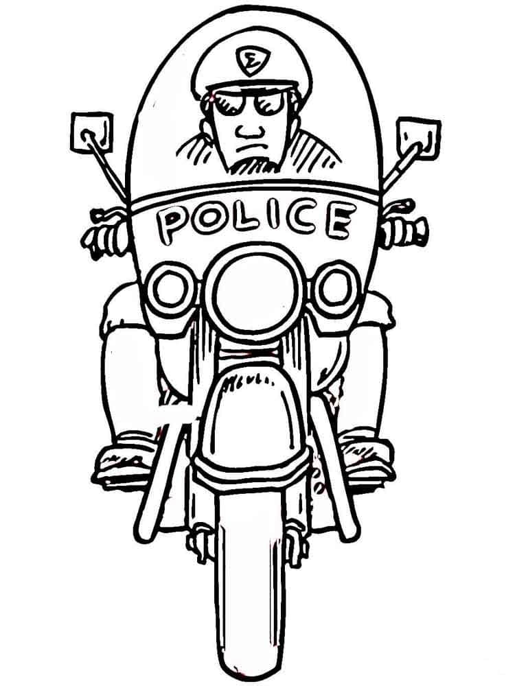 Drawing of a policeman driving a police motorcycle coloring page