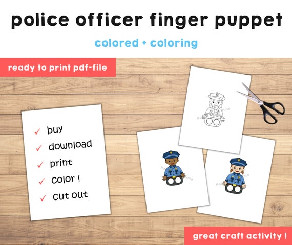 Police officer paper craft printable munity helper finger puppet kids policeman craft career day kids coloring puppet instant download