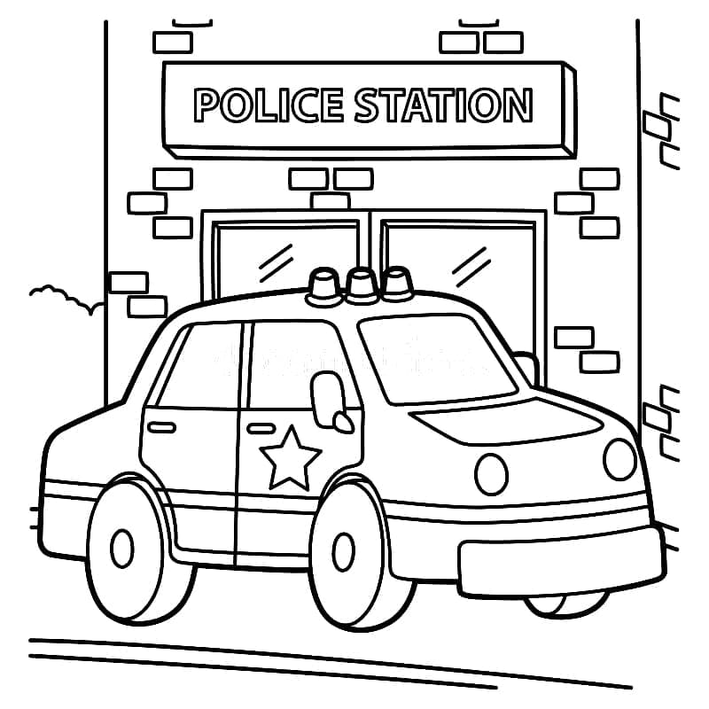 Police car outside the police station coloring page