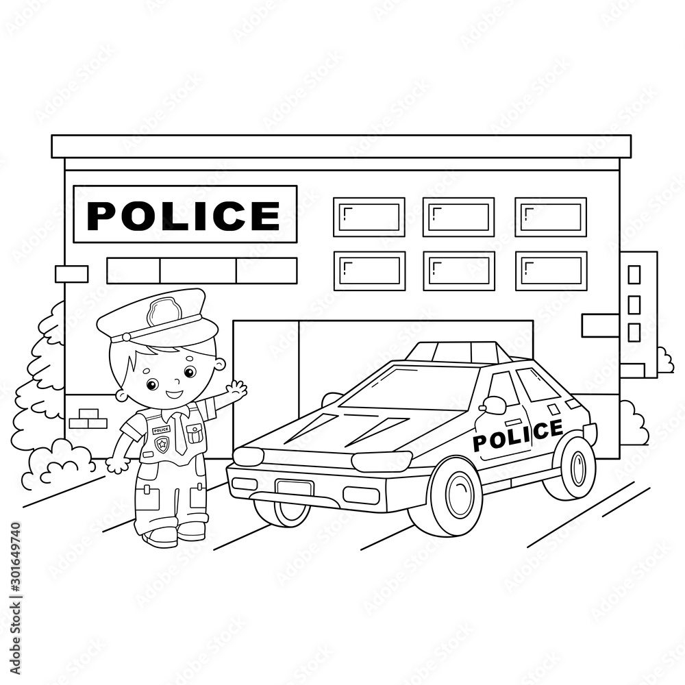 Coloring page outline of cartoon policeman with car profession