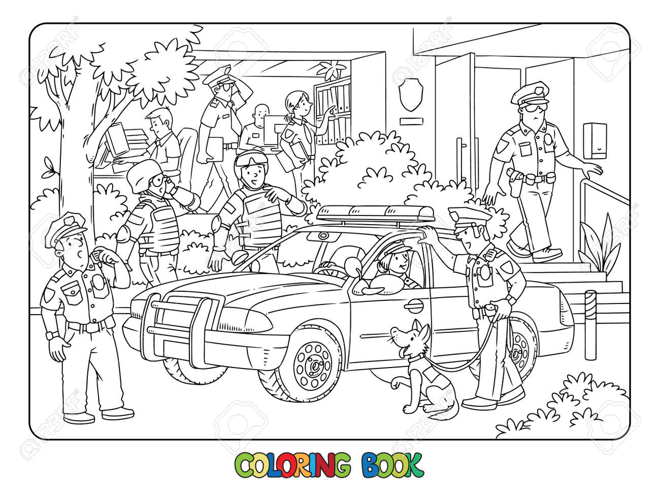 Police station car and officers coloring book royalty free svg cliparts vectors and stock illustration image