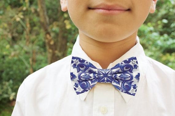 Bow tie for kids blue majolica pattern tie children ceremony page blue accessories for baby and newborn baby baby boy sicily style