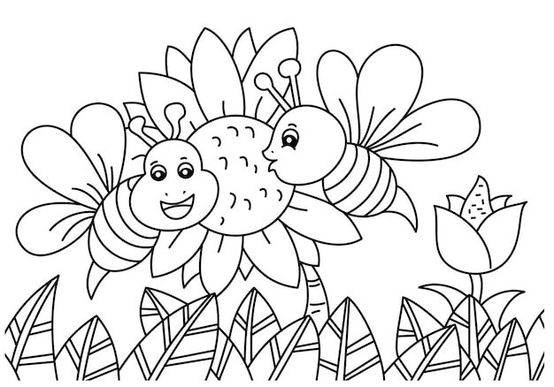 Premium vector bee with sunflower cute coloring page for kids