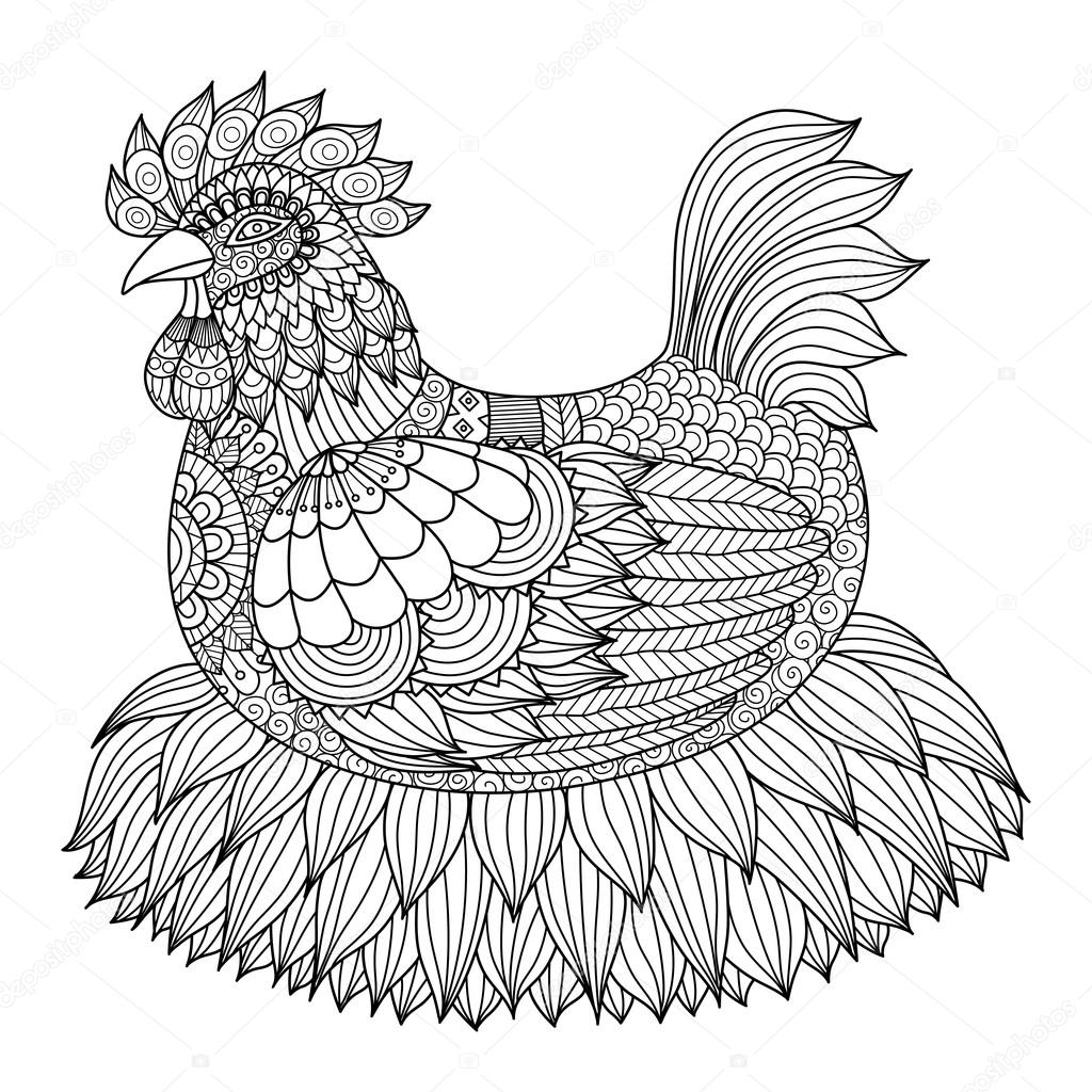 Pollo zentangle dibujado a mano para colorear libro para adultos vector de stock por somjaicindygmail