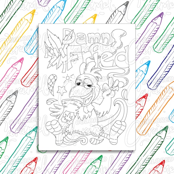 Stoner pãgina para colorear descarga digital pdf trippy divertido y fresco pollo fumando hierba dibujo psicodãlico imprimible e ilustraciãn