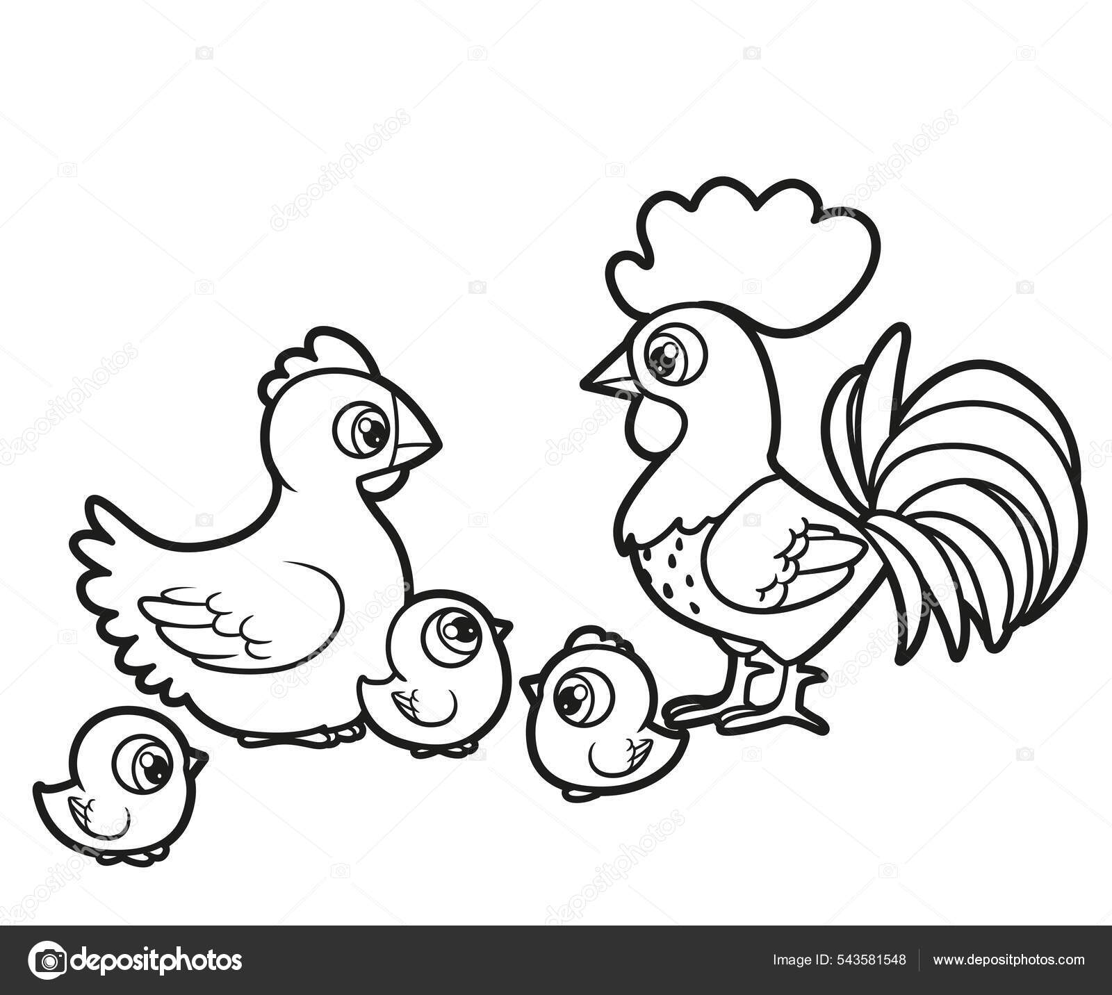 Cute cartoon rooster hen chickens outlined coloring book white background stock vector by yadviga