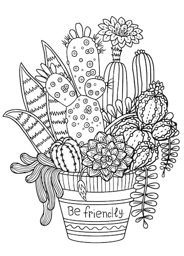 Premium vector vector coloring book page for adult hand drawn set of succulents or cacti in pots doodles black and white succulent