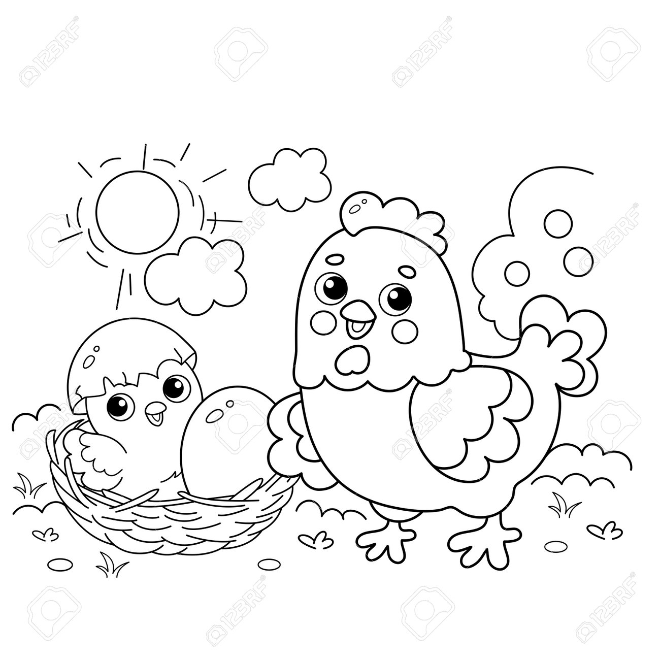 Coloring page outline of cartoon chicken or hen with newborn chick nest with egg coloring book for kids royalty free svg cliparts vectors and stock illustration image