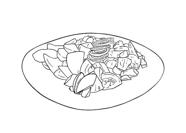 Premium vector plate with shawarma tomato slices chicken cucumber potato and onion rings food fast food doodle linear cartoon coloring