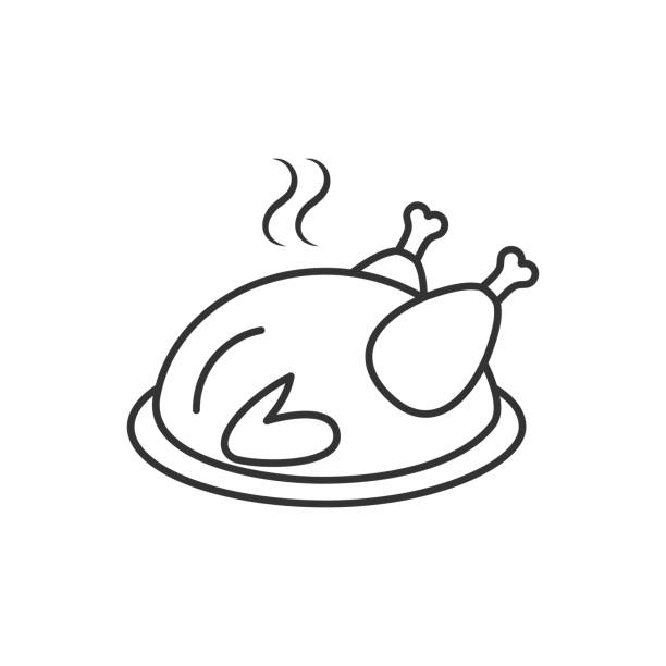 Whole chicken cooked lying on a plate linear outline icon vector illustration stock illustration