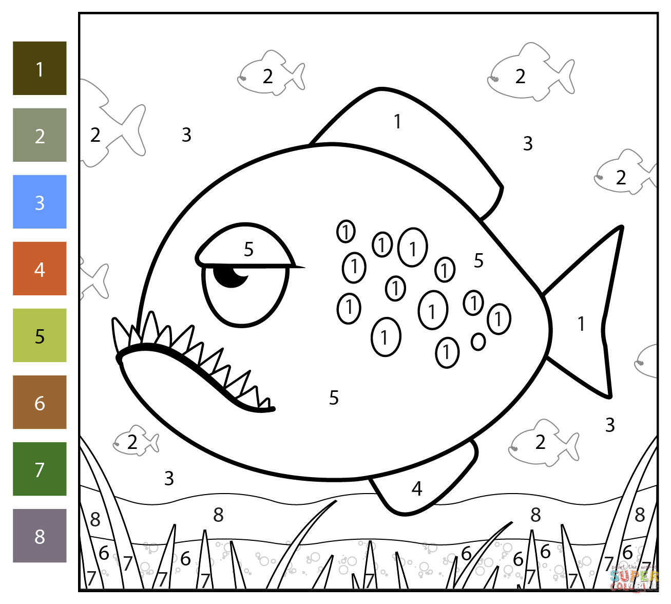 Piranha color by number free printable coloring pages