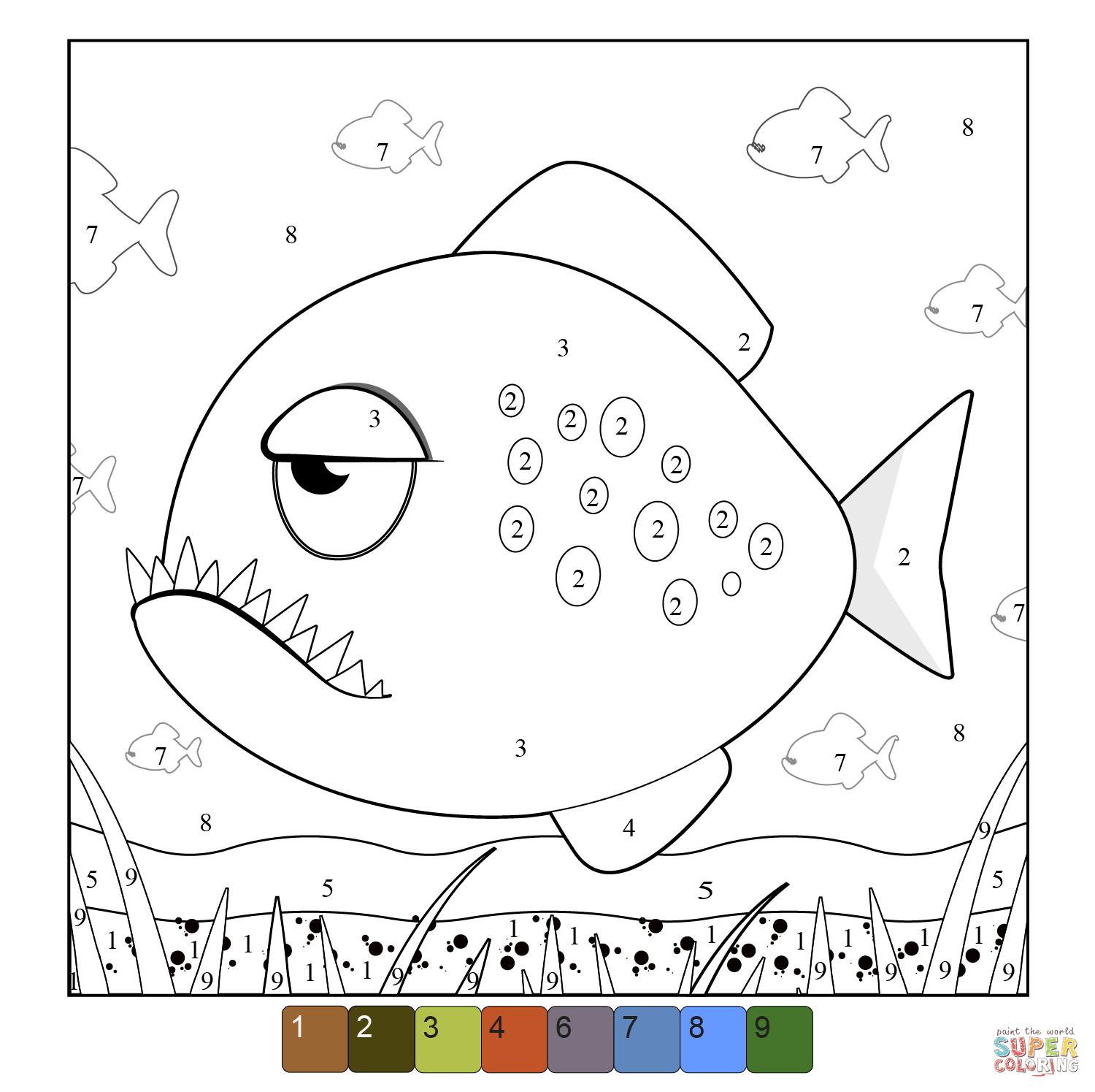 Piranha color by number free printable coloring pages