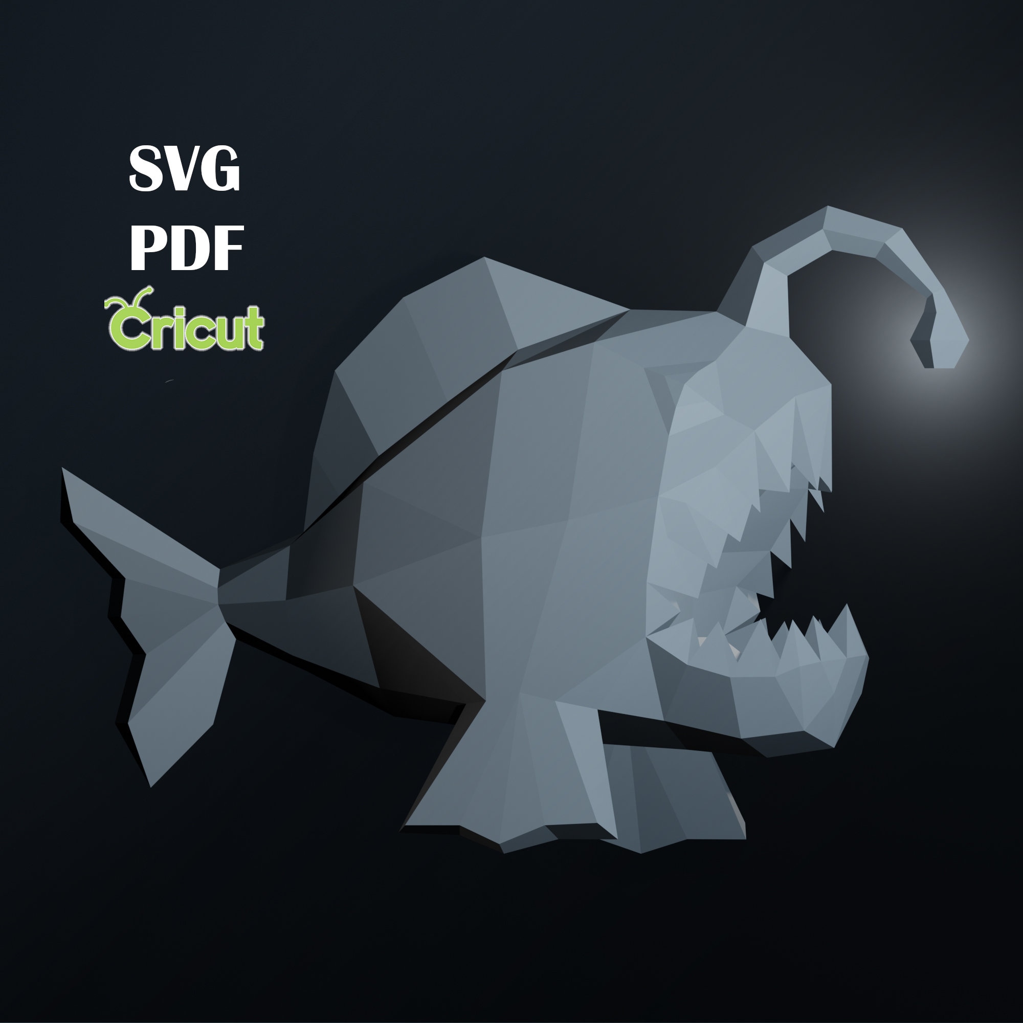 Papercraft angler fish svg pdf cricut digital template origami whale shark download diy low poly trophy sculpture d model piranha download now