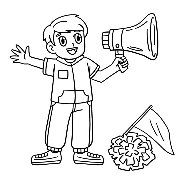 Premium vector a cute and funny coloring page of a cheerleading male choreographer with pompoms provides hours of coloring fun for children to color this page is very easy suitable for