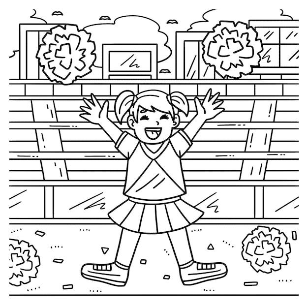 Premium vector a cute and funny coloring page of a cheerleading girl cheerleader with pompoms provides hours of coloring fun for children to color this page is very easy suitable for