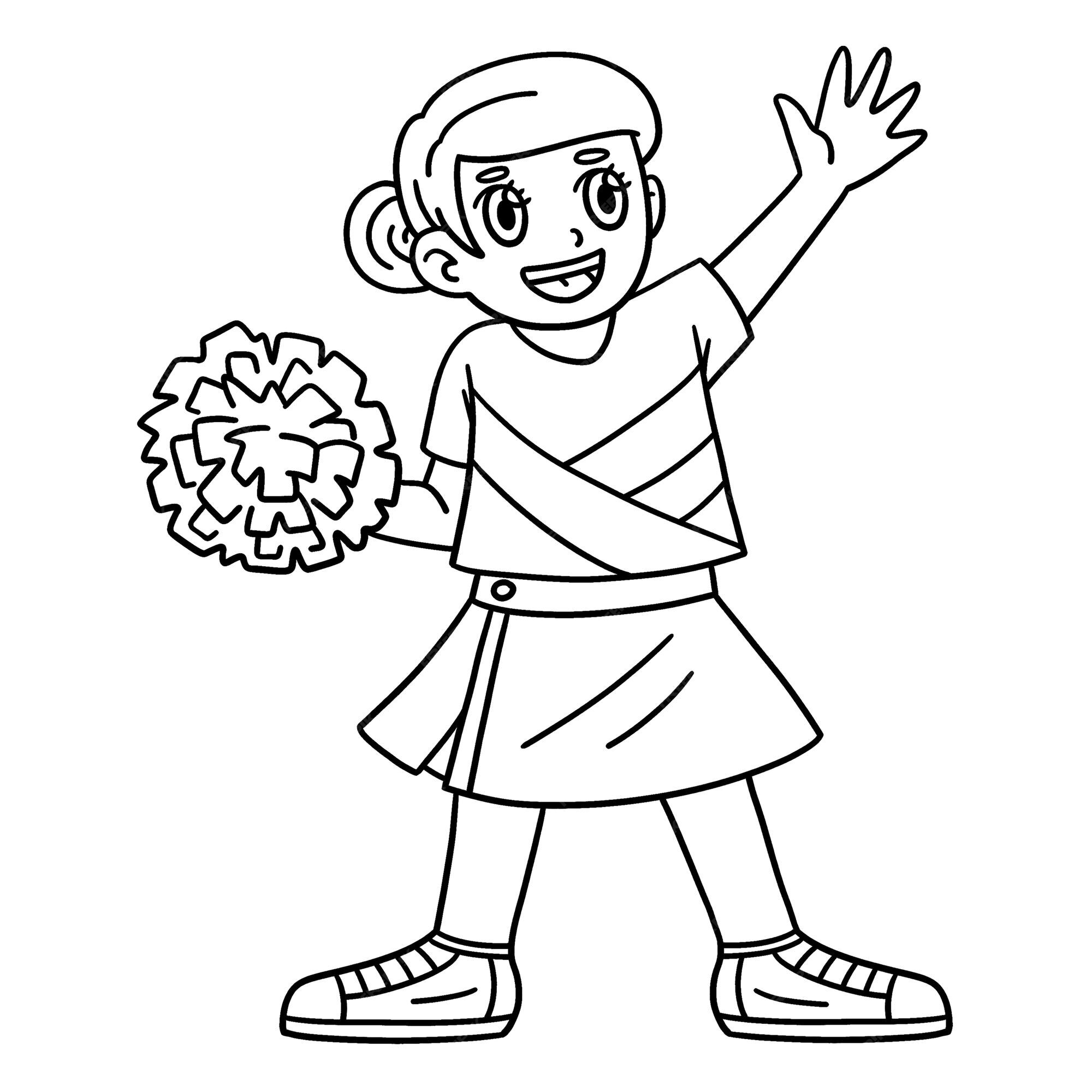 Premium vector a cute and funny coloring page of a girl cheerleader waving with pompoms provides hours of coloring fun for children to color this page is very easy suitable for