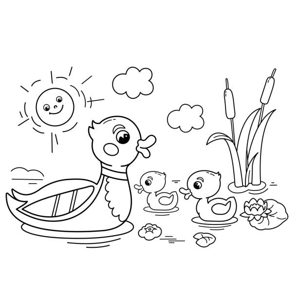 Coloring page outline of cartoon duck with ducklings on the pond farm animals birds coloring book for kids stock illustration