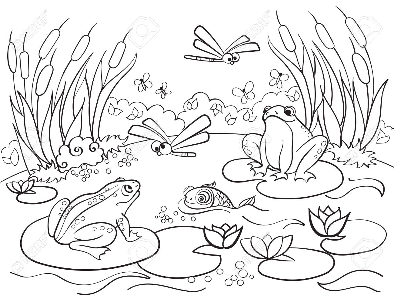 Wetland landscape with animals coloring book for adults raster illustration anti