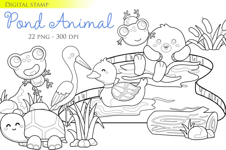 Pond animals garden frog beaver duck turtle digital stamp