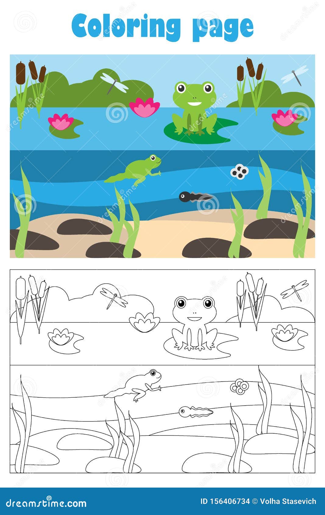 Pond with frog cartoon style coloring page education paper game for the development of children kids preschool activity stock illustration