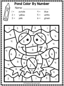 Free printable pond animals color by number worksheets