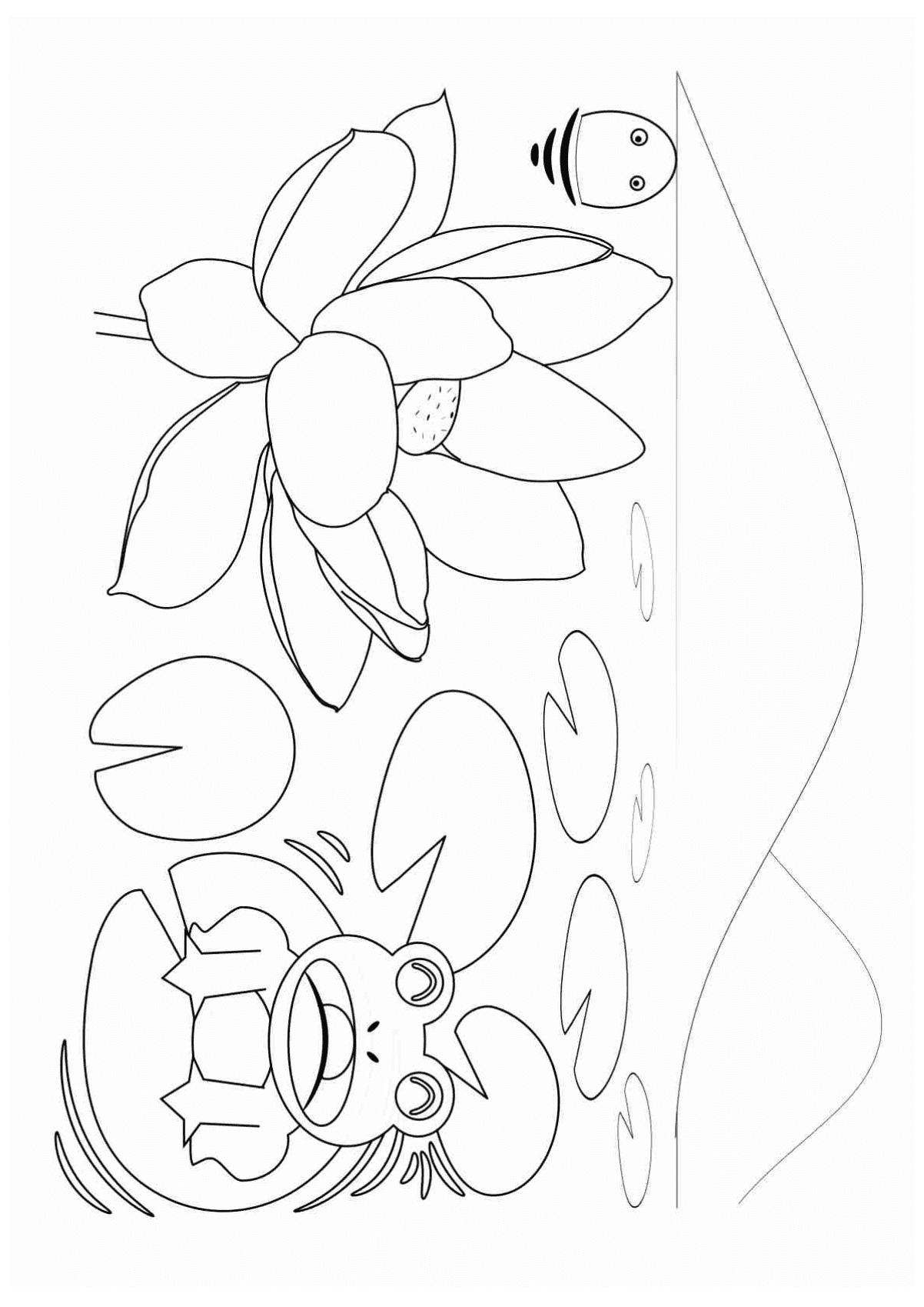 Frog and lotus and mysterious creatures drawing for coloring page free printable nurieworld