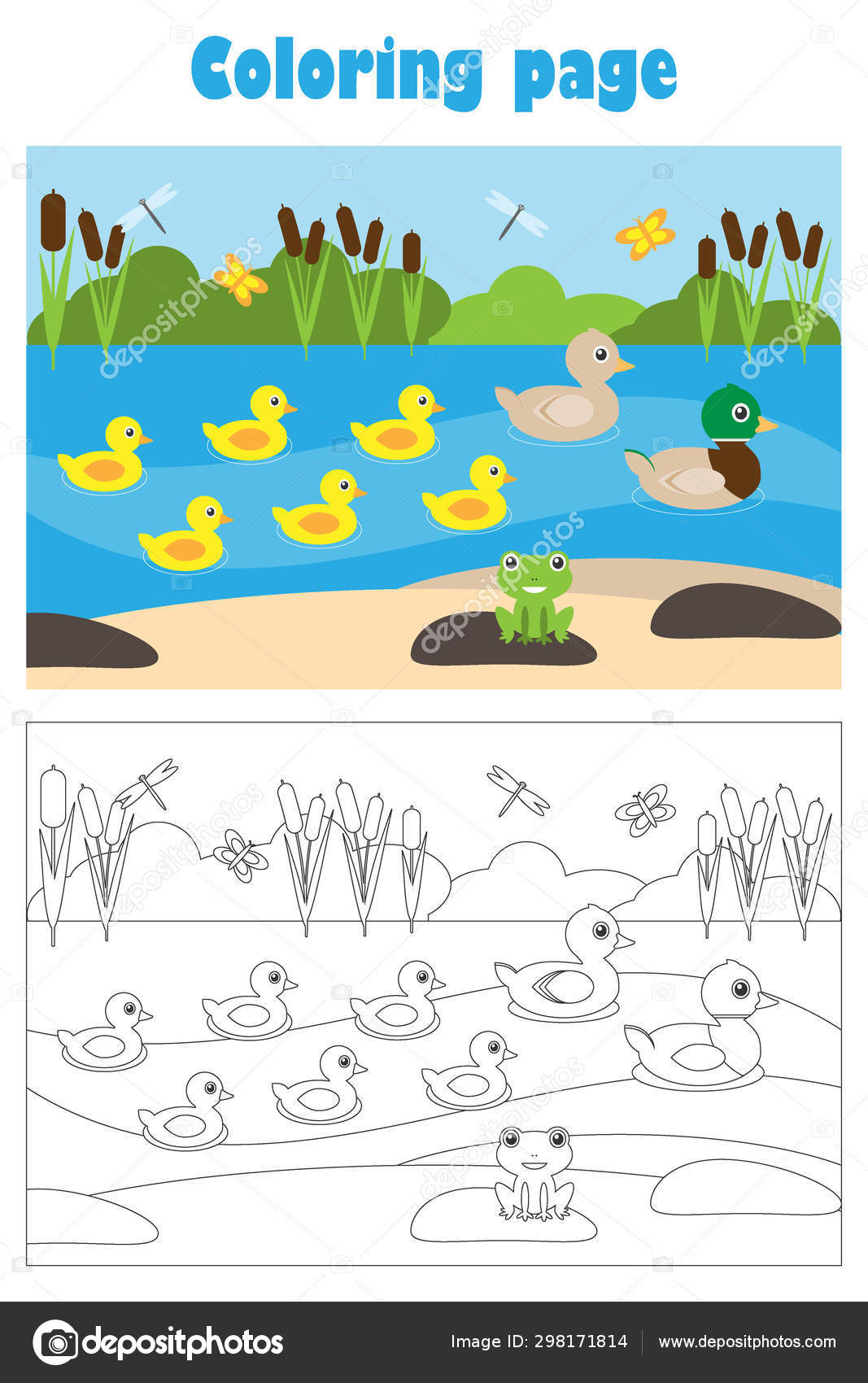 Pond with ducks cartoon style coloring page education paper game for the development of children kids preschool activity printable worksheet vector illustration stock vector by olyabymailru