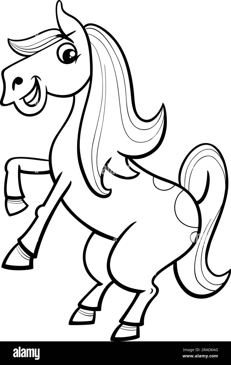 Black and white cartoon illustration of funny horse or pony farm animal character coloring page stock vector image art