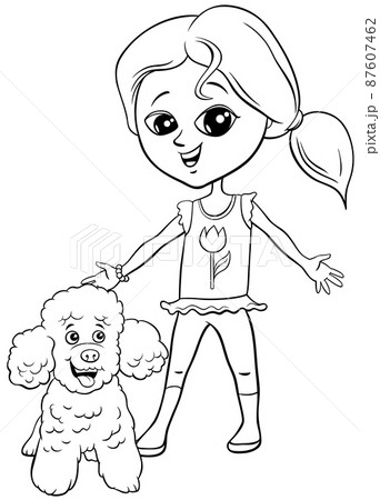 Cartoon girl with poodle dog character coloring