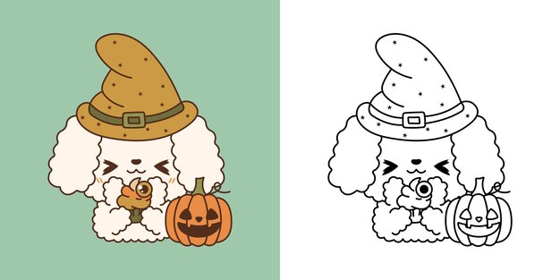 Premium vector halloween kawaii poodle dog for coloring page and illustration adorable clip art halloween puppy