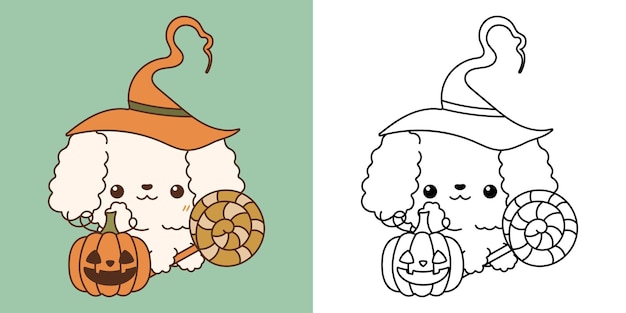 Premium vector kawaii clipart halloween poodle dog illustration and for coloring page funny kawaii halloween puppy
