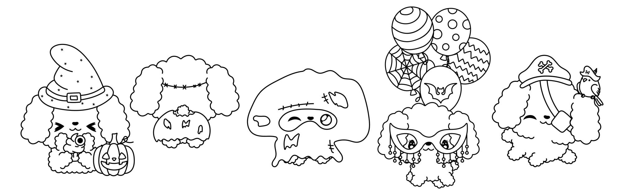 Premium vector set of vector halloween poodle dog coloring page collection of kawaii halloween doggy outline