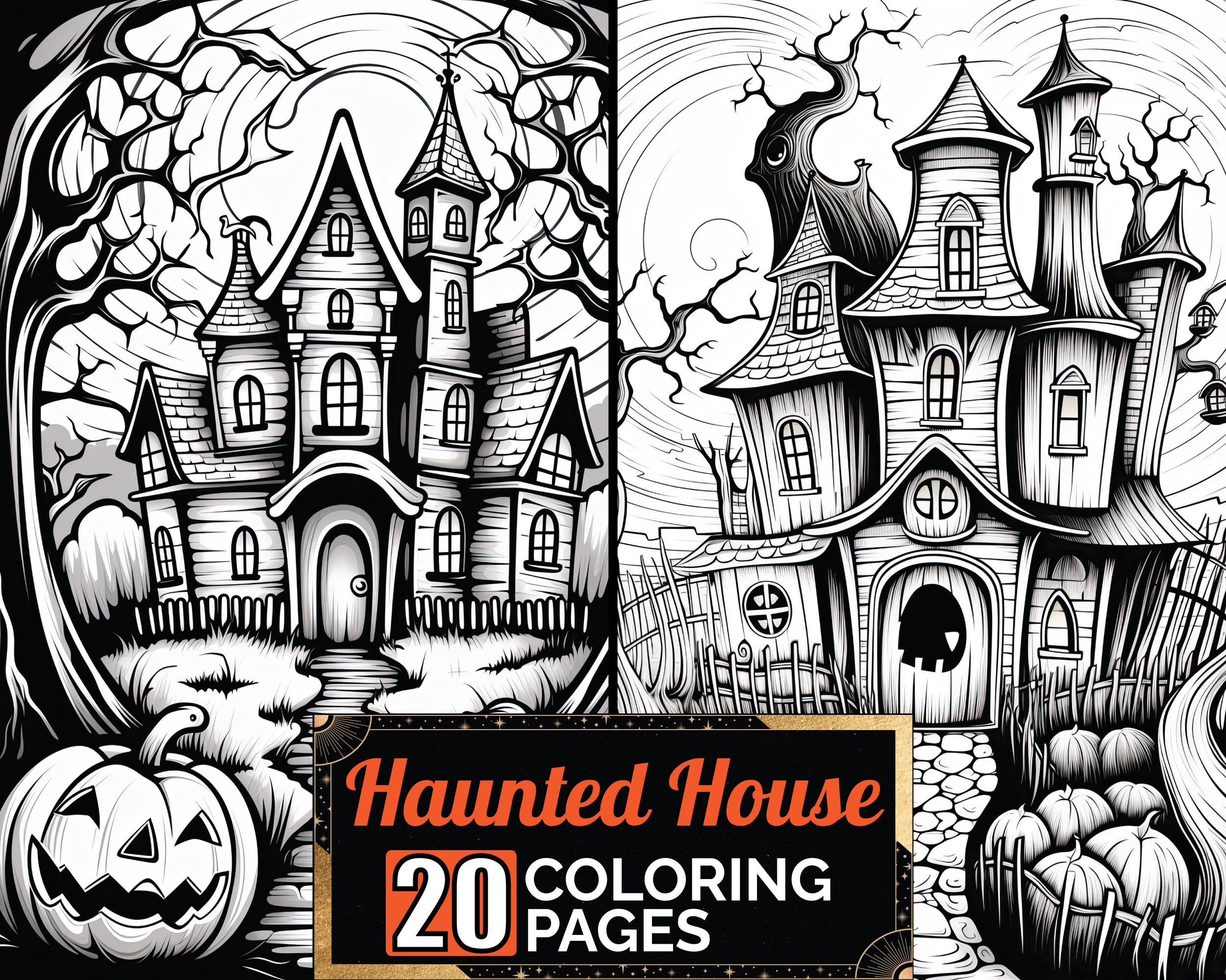Haunted pumpkin house coloring book greyscale adult kids halloween colouring page a size sheet printable digital pdf download