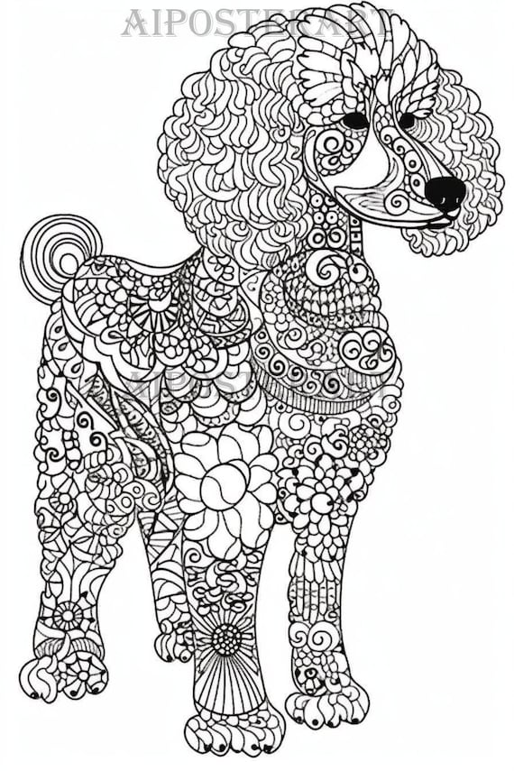 Poodle dog coloring page for adults printable coloring sheet of poodle mandala coloring dog advanced coloring high res x instant download