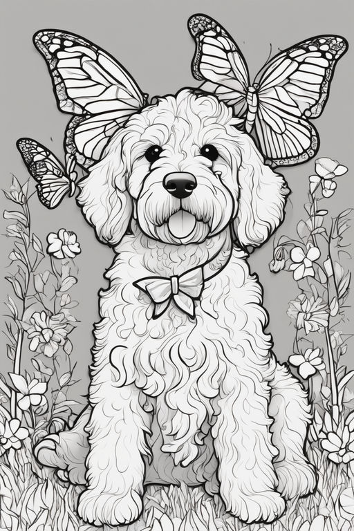 Coloring page of a cute adorable poodle dog sat