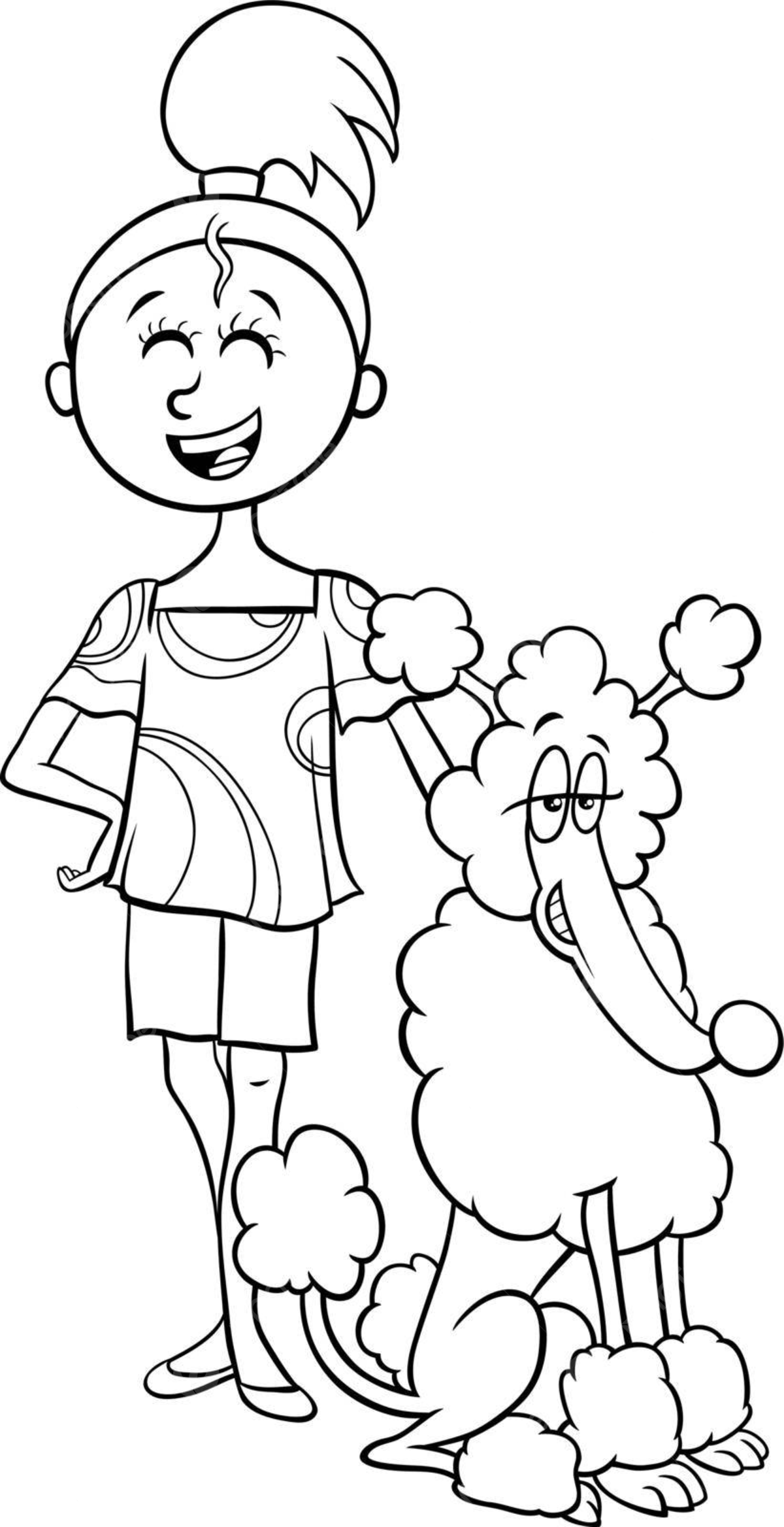 Coloring page featuring a cartoon teenage girl with her poodle dog character vector color book coloring friend png and vector with transparent background for free download